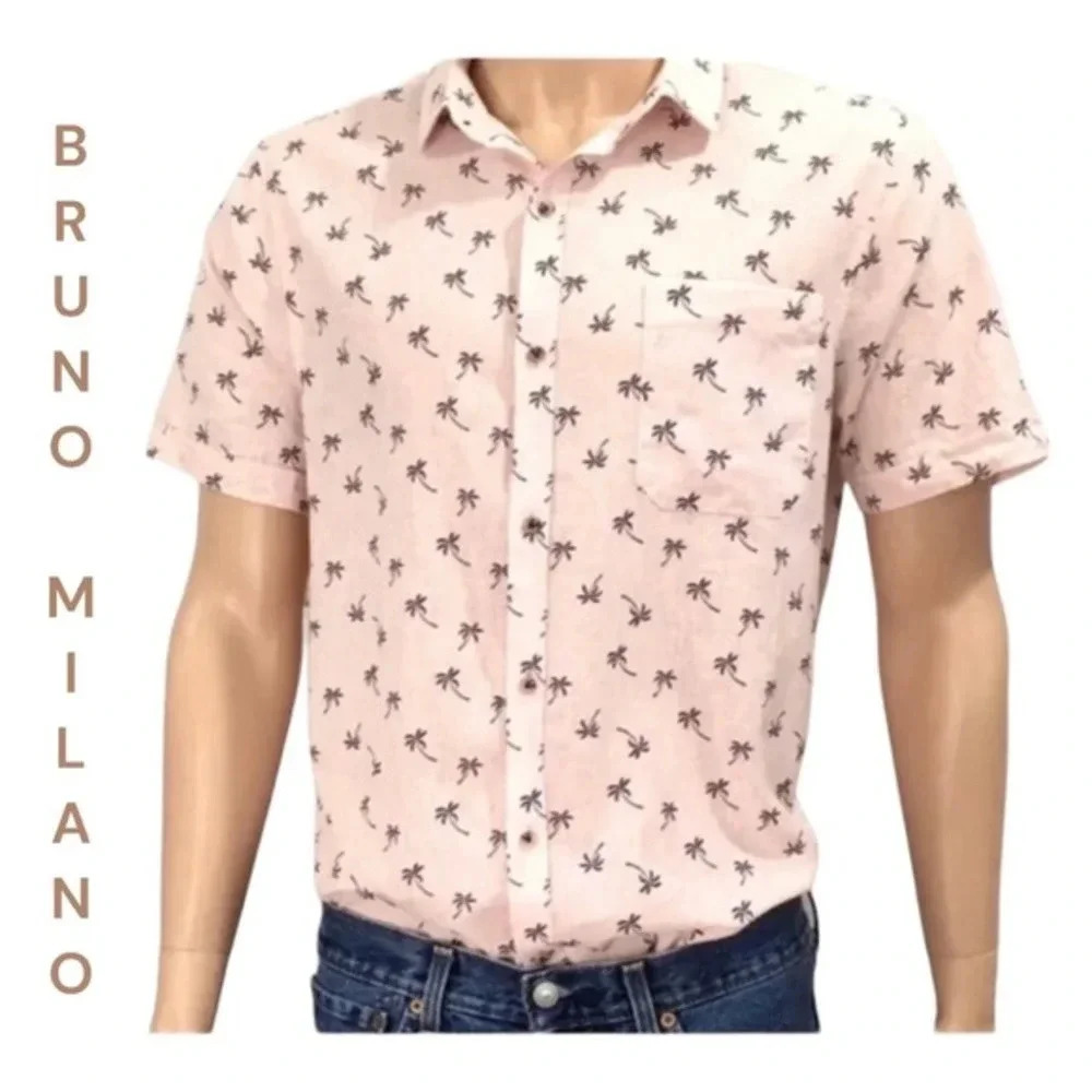 Bruno Milano modern fit palm tree print button-down short sleeve shirt‎